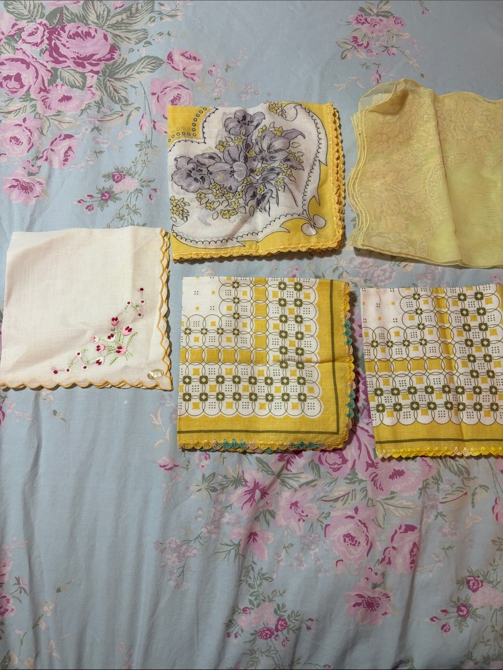Vintage Yellow Floral & Embroidered Handkerchief Set